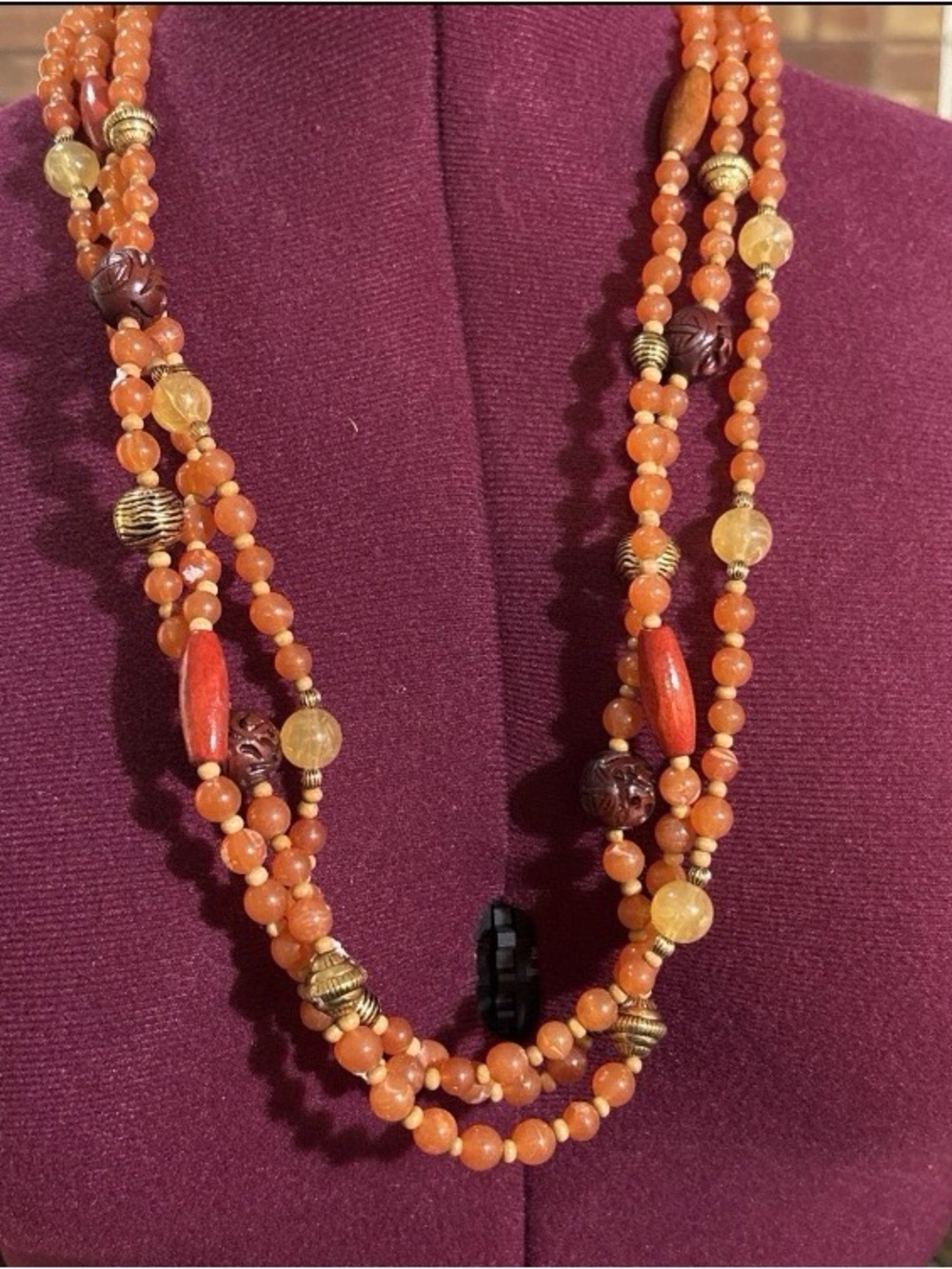 Vintage Signed Avon 3-strand faux amber carved cinnabar wood bead necklace 35”